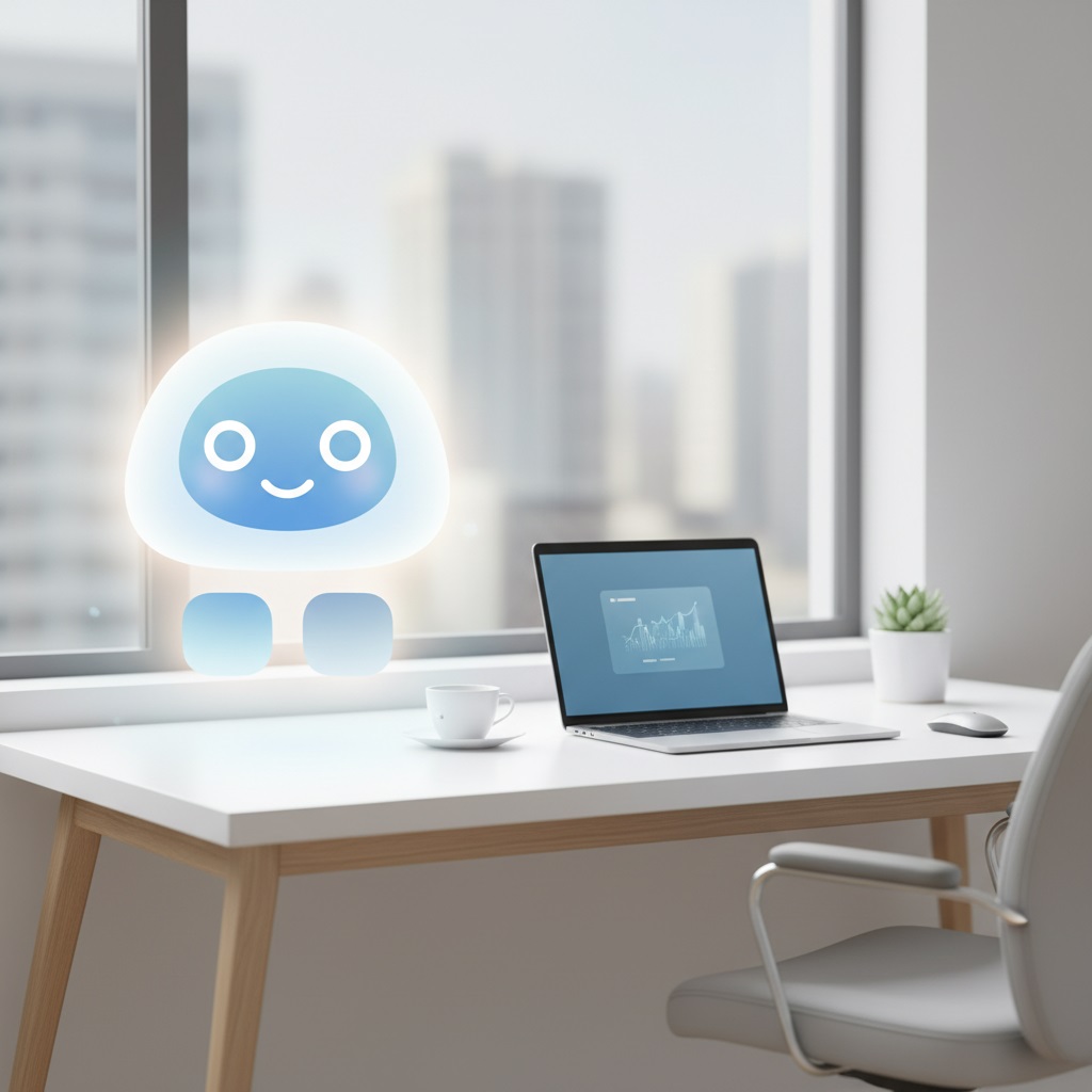 Friendly AI assistant icon beside a modern workspace, suggesting supportive technology for professional growth.