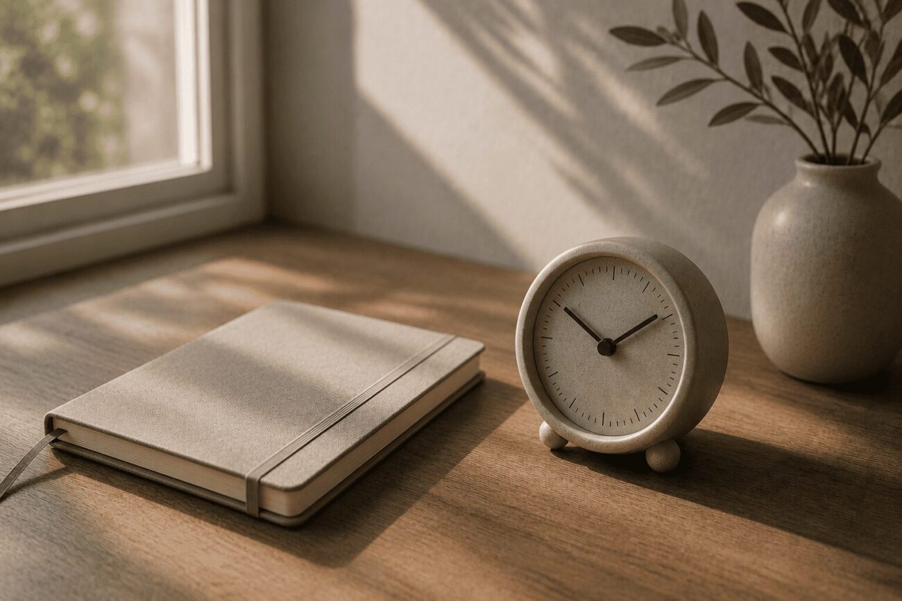 A minimal desk with a small clock beside a closed notebook, shown in soft natural light with a calm, neutral atmosphere.