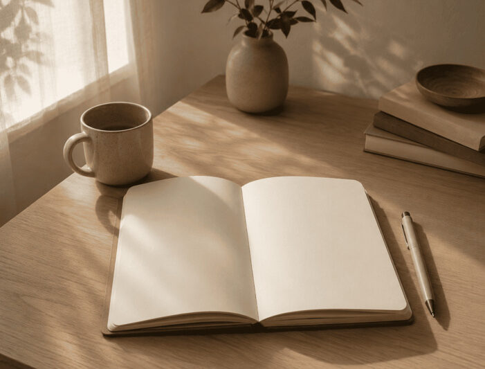 A calm, softly lit workspace with a small notebook open to a blank page, a simple pen resting beside it, and a gentle morning light coming from the side.