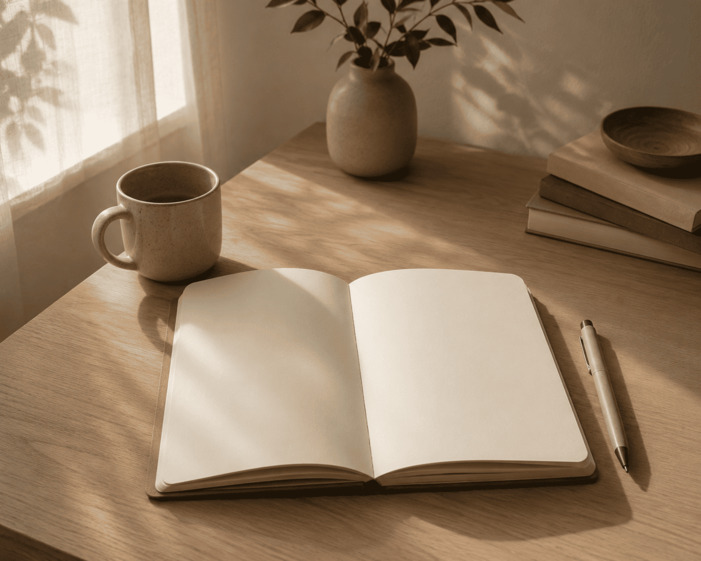 A calm, softly lit workspace with a small notebook open to a blank page, a simple pen resting beside it, and a gentle morning light coming from the side.