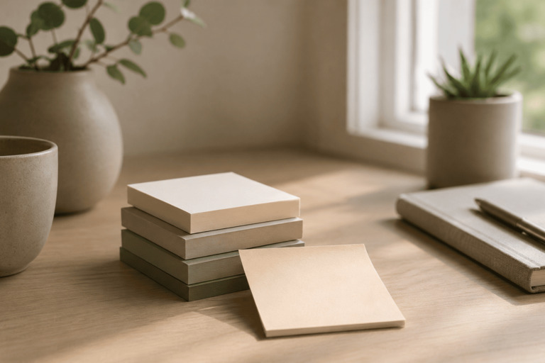 A minimal desk with a small stack of sticky notes in soft natural light, symbolizing small wins.